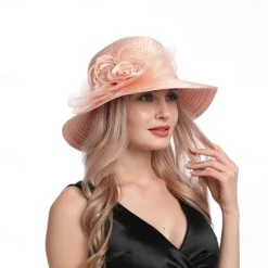 Women Wide Brim Bowler Hat Vintage Floral Wool Felt Fedora Floppy Elegant Fascinator Hat with Veil Lady Church Party Bucket