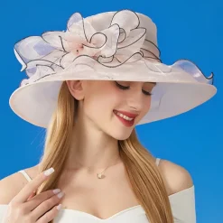 Women Wide Brim Bowler Hat Vintage Floral Wool Felt Fedora Floppy Elegant Fascinator Hat with Veil Lady Church Party Bucket