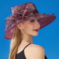 Women Wide Brim Bowler Hat Vintage Floral Wool Felt Fedora Floppy Elegant Fascinator Hat with Veil Lady Church Party Bucket