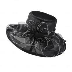 Women Wide Brim Bowler Hat Vintage Floral Wool Felt Fedora Floppy Elegant Fascinator Hat with Veil Lady Church Party Bucket