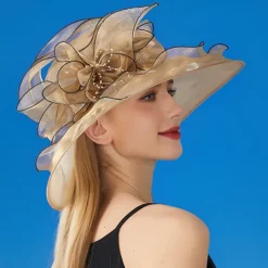 Women Wide Brim Bowler Hat Vintage Floral Wool Felt Fedora Floppy Elegant Fascinator Hat with Veil Lady Church Party Bucket