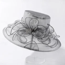 Women Wide Brim Bowler Hat Vintage Floral Wool Felt Fedora Floppy Elegant Fascinator Hat with Veil Lady Church Party Bucket