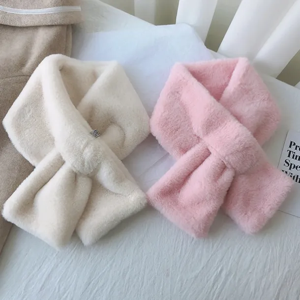 Women Winter Warm Thicken Scarfs Solid Color Faux Fur Plush Cross Collar Scarf Elegant Warm Fashion Accessories
