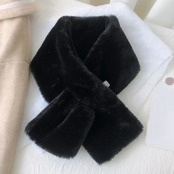 Women Winter Warm Thicken Scarfs Solid Color Faux Fur Plush Cross Collar Scarf Elegant Warm Fashion Accessories
