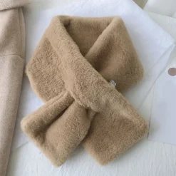 Women Winter Warm Thicken Scarfs Solid Color Faux Fur Plush Cross Collar Scarf Elegant Warm Fashion Accessories