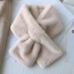 Women Winter Warm Thicken Scarfs Solid Color Faux Fur Plush Cross Collar Scarf Elegant Warm Fashion Accessories