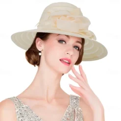 Women-Organza-Kentucky Sun Hats-Summer-Wide-Brim-Flower-Church-Hats for Tea Party Bridal Wedding Dress-Derby Hat