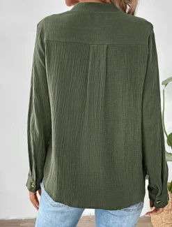 Women's 100% Cotton Shirt Solid Color Elegant Daily Ladies Long Sleeve V Neck High Neck Regular Tops Work Daily Holiday Ruched Army Green Spring Fall
