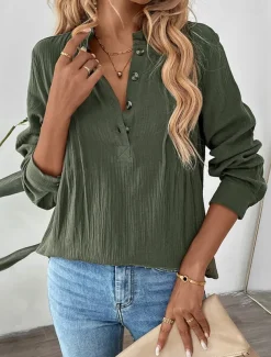 Women's 100% Cotton Shirt Solid Color Elegant Daily Ladies Long Sleeve V Neck High Neck Regular Tops Work Daily Holiday Ruched Army Green Spring Fall