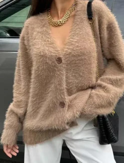 Women's Knit Fuzzy Oversized Cardigan V Neck Cardigan Fall Winter Work Elegant Streetwear Daily Long Sleeve Solid Color Brown Light Grey