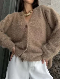 Women's Knit Fuzzy Oversized Cardigan V Neck Cardigan Fall Winter Work Elegant Streetwear Daily Long Sleeve Solid Color Brown Light Grey