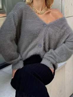 Women's Knit Fuzzy Oversized Cardigan V Neck Cardigan Fall Winter Work Elegant Streetwear Daily Long Sleeve Solid Color Brown Light Grey
