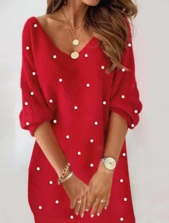 Women's Casual Dress Fuzzy Mini Dress Patchwork Casual V Neck Long Sleeve Wine Red Color