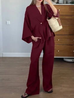 Women's 100% Cooton Elegant Vacation Vintage Pants Sets Long Sleeve Bell Sleeve V Neck Plain Vacation Casual Holiday Red Summer Loose Fit