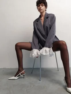 Women's 100% Cotton Blazer Breathable Ruffle Patchwork Stripe Elegant Vintage Sweet Stripes Vacation Party Casual Daily Single Breasted Long Notch Lapel Loose Fit Long Sleeve Outerwear Burgundy Gra