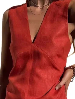 Women's 100% Cotton Mini Dress Shift Dress Casual Party Daily Holiday Regular Fit Plain Sleeveless V Neck Hemp Black White Red Summer