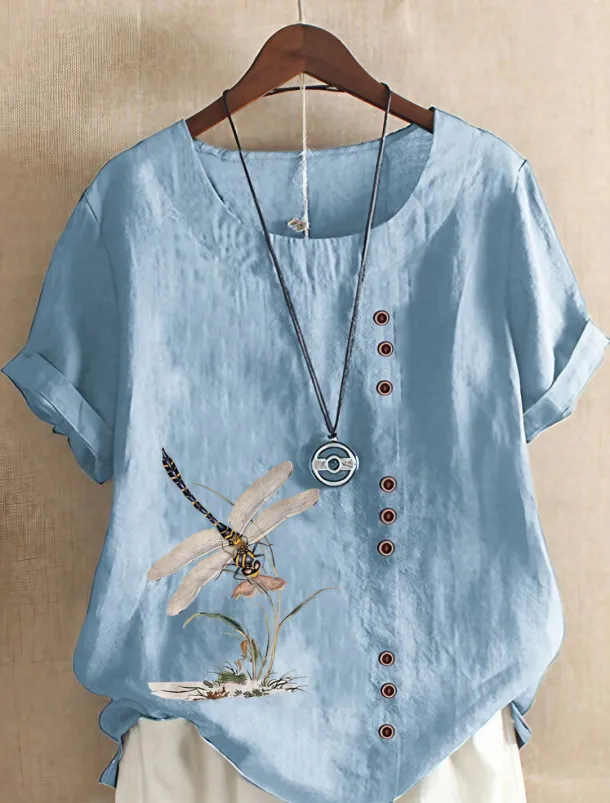 Women's 100% Cotton Shirt Blouse Button Print Weekend Streetwear Basic Casual Linen Like Short Sleeve Crew Neck White Summer Spring