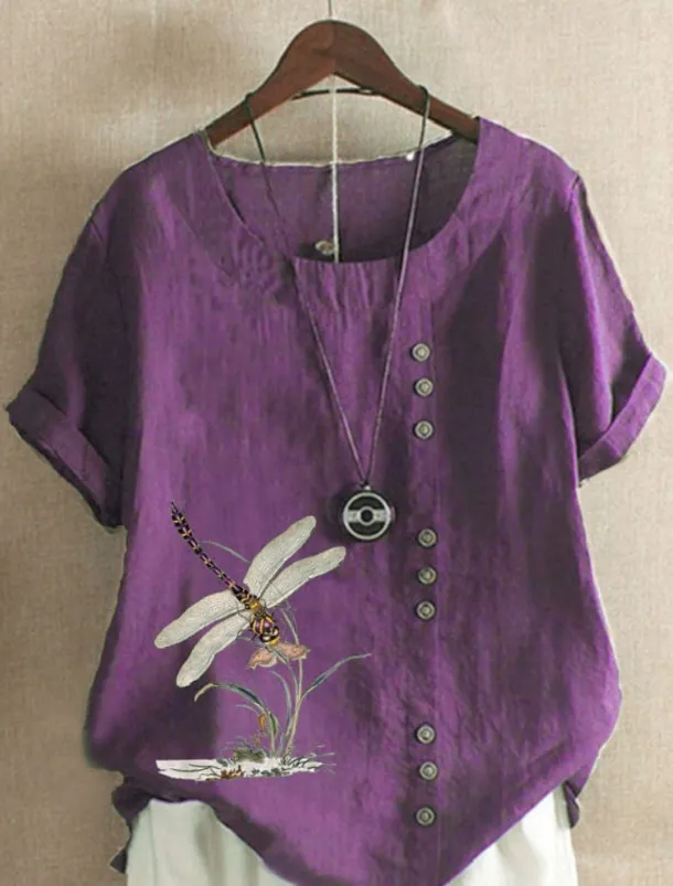 Women's 100% Cotton Shirt Blouse Button Print Weekend Streetwear Basic Casual Linen Like Short Sleeve Crew Neck White Summer Spring