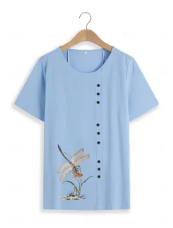 Women's 100% Cotton Shirt Blouse Button Print Weekend Streetwear Basic Casual Linen Like Short Sleeve Crew Neck White Summer Spring