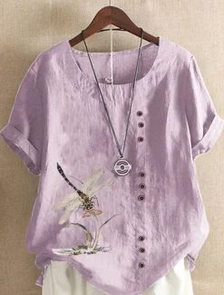 Women's 100% Cotton Shirt Blouse Button Print Weekend Streetwear Basic Casual Linen Like Short Sleeve Crew Neck White Summer Spring