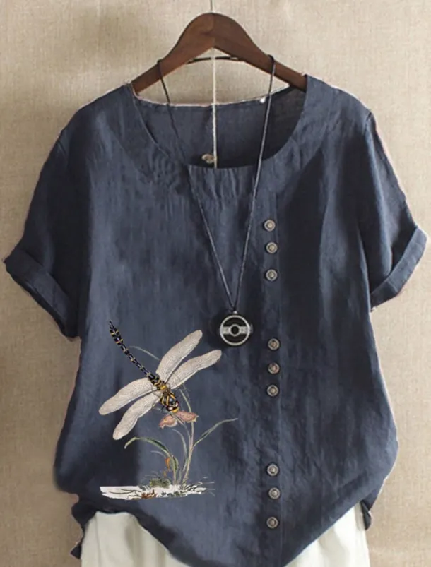 Women's 100% Cotton Shirt Blouse Button Print Weekend Streetwear Basic Casual Linen Like Short Sleeve Crew Neck White Summer Spring