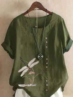 Women's 100% Cotton Shirt Blouse Button Print Weekend Streetwear Basic Casual Linen Like Short Sleeve Crew Neck White Summer Spring