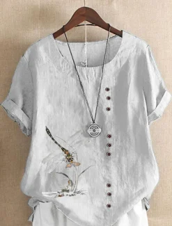 Women's 100% Cotton Shirt Blouse Button Print Weekend Streetwear Basic Casual Linen Like Short Sleeve Crew Neck White Summer Spring