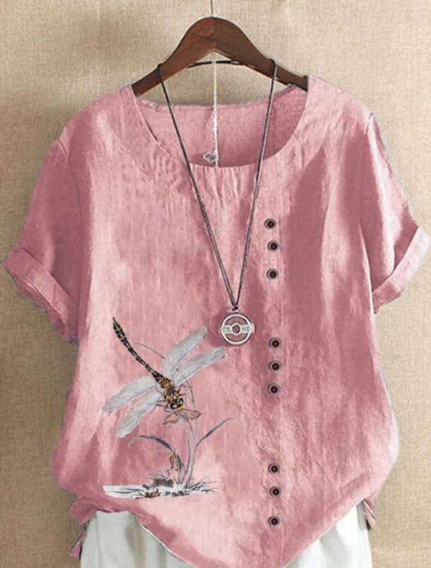 Women's 100% Cotton Shirt Blouse Button Print Weekend Streetwear Basic Casual Linen Like Short Sleeve Crew Neck White Summer Spring