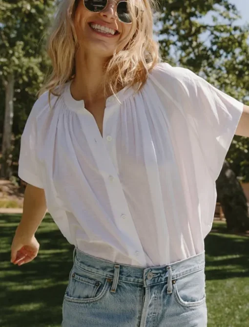 Women's 100% Cotton Shirt Plain Elegant Vintage Cute Short Sleeve Batwing Sleeve Crew Neck Regular Tops Work Daily Holiday Ruched White Pink Summer Spring