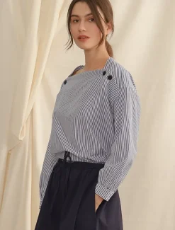 Women's 100% Cotton Shirt Striped Elegant Vintage Daily Long Sleeve Bishop Sleeve Square Neck Regular Tops Work Daily Holiday Buttons Asymmetric Blue Summer Spring Fall