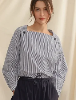 Women's 100% Cotton Shirt Striped Elegant Vintage Daily Long Sleeve Bishop Sleeve Square Neck Regular Tops Work Daily Holiday Buttons Asymmetric Blue Summer Spring Fall