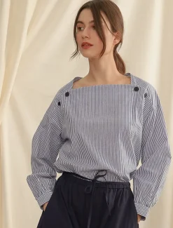 Women's 100% Cotton Shirt Striped Elegant Vintage Daily Long Sleeve Bishop Sleeve Square Neck Regular Tops Work Daily Holiday Buttons Asymmetric Blue Summer Spring Fall