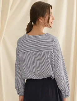 Women's 100% Cotton Shirt Striped Elegant Vintage Daily Long Sleeve Bishop Sleeve Square Neck Regular Tops Work Daily Holiday Buttons Asymmetric Blue Summer Spring Fall