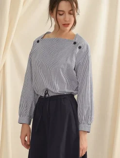 Women's 100% Cotton Shirt Striped Elegant Vintage Daily Long Sleeve Bishop Sleeve Square Neck Regular Tops Work Daily Holiday Buttons Asymmetric Blue Summer Spring Fall