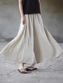 Women's Linen Viscose Culottes Wide Leg Vacation Vintage Ethnic Style Full Length Mid Waist Solid Color Comfy Breathability Soft Micro-elastic Vacation Home Casual Beige Summer Spring Fall Oversized