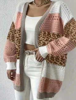 Women's Long CardiganL Leopard Striped Knit Hollow Out Knitted Fall Winter Going out Weekend Streetwear Casual Long Sleeve Leopard Striped Pink