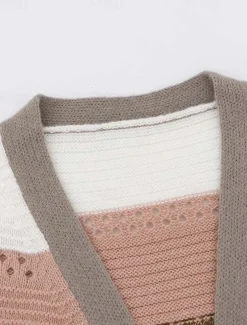 Women's Long CardiganL Leopard Striped Knit Hollow Out Knitted Fall Winter Going out Weekend Streetwear Casual Long Sleeve Leopard Striped Pink