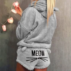 Women's Loungewear Sweatsuit Sets 2 Pieces Animal Cat Warm Plush Comfort Home Street Daily Fleece Hoodie Long Sleeve Hoodie Shorts Elastic Waist Fa Home Outfits