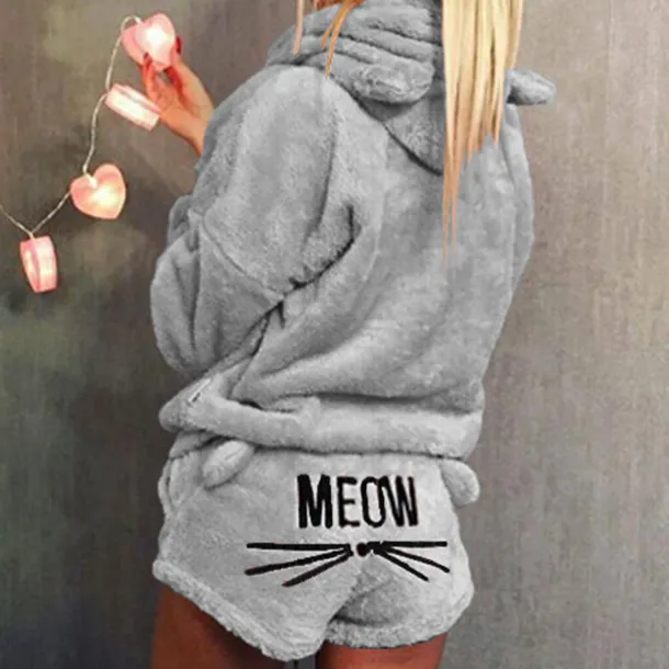 Women's Loungewear Sweatsuit Sets 2 Pieces Animal Cat Warm Plush Comfort Home Street Daily Fleece Hoodie Long Sleeve Hoodie Shorts Elastic Waist Fa Home Outfits