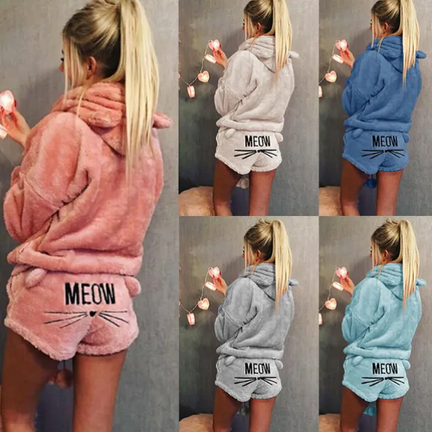 Women's Loungewear Sweatsuit Sets 2 Pieces Animal Cat Warm Plush Comfort Home Street Daily Fleece Hoodie Long Sleeve Hoodie Shorts Elastic Waist Fa Home Outfits