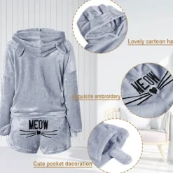 Women's Loungewear Sweatsuit Sets 2 Pieces Animal Cat Warm Plush Comfort Home Street Daily Fleece Hoodie Long Sleeve Hoodie Shorts Elastic Waist Fa Home Outfits