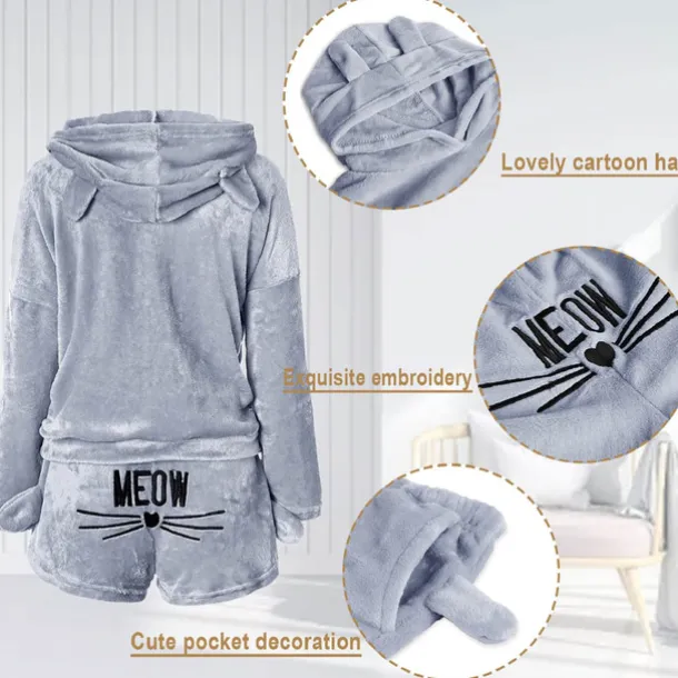 Women's Loungewear Sweatsuit Sets 2 Pieces Animal Cat Warm Plush Comfort Home Street Daily Fleece Hoodie Long Sleeve Hoodie Shorts Elastic Waist Fa Home Outfits