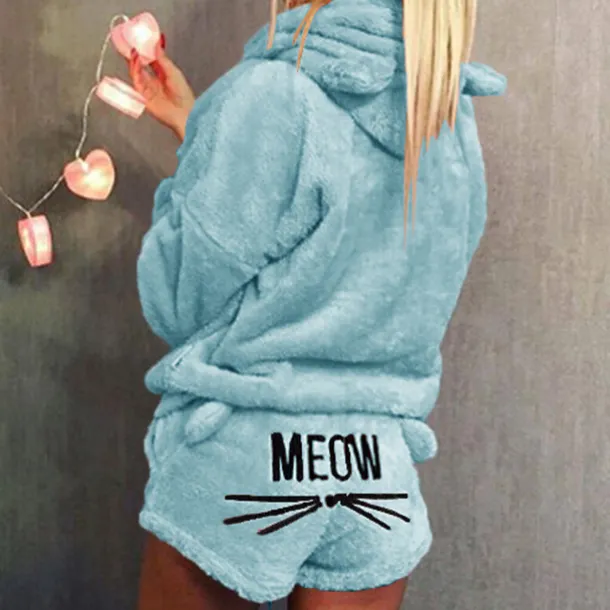 Women's Loungewear Sweatsuit Sets 2 Pieces Animal Cat Warm Plush Comfort Home Street Daily Fleece Hoodie Long Sleeve Hoodie Shorts Elastic Waist Fa Home Outfits