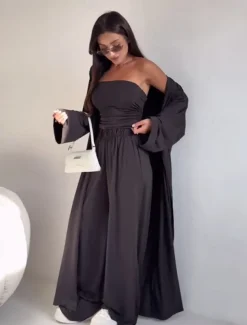 Women's 3 Piece Sets Elegant Vacation Vintage Pants Sets Long Sleeve Off Shoulder Solid Color Vacation Yoga Sport dark brown Black Summer Loose Fit