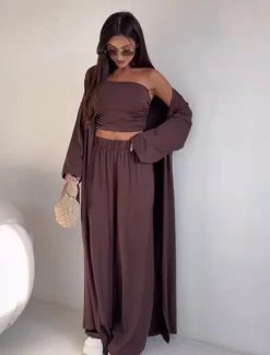 Women's 3 Piece Sets Elegant Vacation Vintage Pants Sets Long Sleeve Off Shoulder Solid Color Vacation Yoga Sport dark brown Black Summer Loose Fit