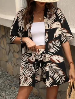 Women's 2 Pieces Elegant Fashion Streetwear Shorts Sets Half Sleeve V Neck Floral Print Outdoor Work Casual Black Royal Blue Blue Summer Regular Fit