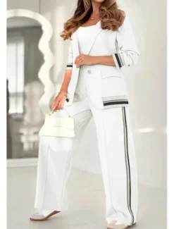 Women's 2 Pieces Elegant Fashion Streetwear Pants Sets Blazer Suits Long Sleeve Shirt Collar Striped Outdoor Work Black White Brown Summer Regular Fit