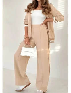 Women's 2 Pieces Elegant Fashion Streetwear Pants Sets Blazer Suits Long Sleeve Shirt Collar Striped Outdoor Work Black White Brown Summer Regular Fit