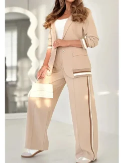 Women's 2 Pieces Elegant Fashion Streetwear Pants Sets Blazer Suits Long Sleeve Shirt Collar Striped Outdoor Work Black White Brown Summer Regular Fit