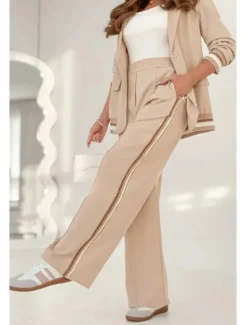 Women's 2 Pieces Elegant Fashion Streetwear Pants Sets Blazer Suits Long Sleeve Shirt Collar Striped Outdoor Work Black White Brown Summer Regular Fit